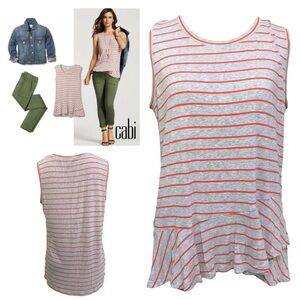 CAbi #5331 Gray Orange Striped Sleeveless Ruffle Peplum Tank Top Size Small